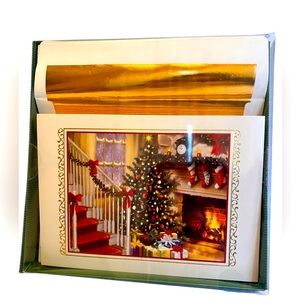 Ten Vintage Christmas Cards Showing Christmas Tree & Fireplace & Gold Foil Env